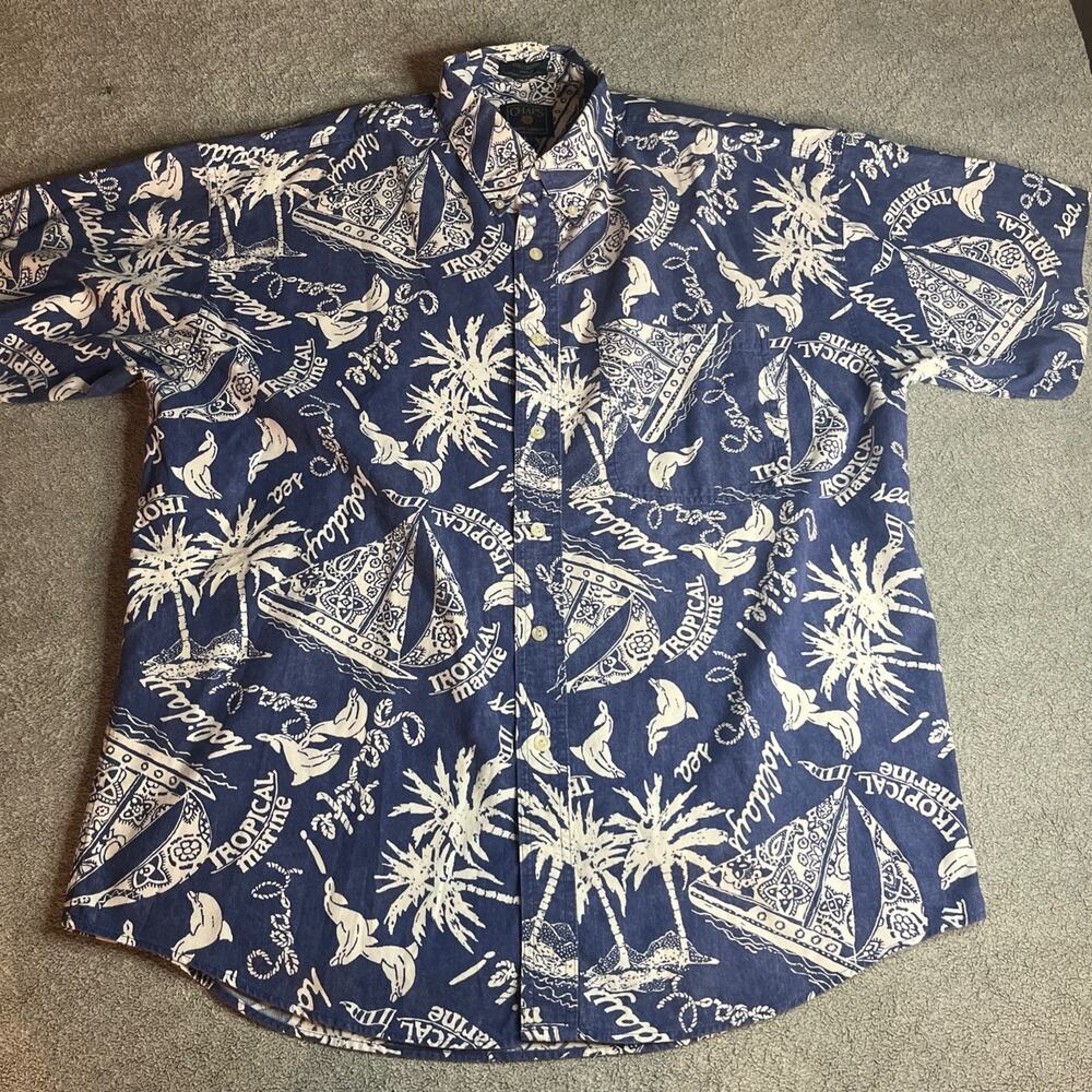 VTG 90s Chaps Ralph Lauren Tropical Hawaiian Shirt Men L Blue Sailboat Dolphin